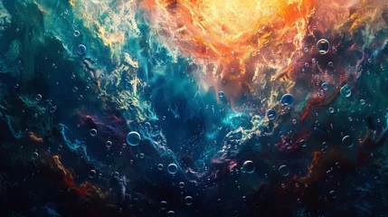 Foto auf Acrylglas Antireflex abstract concept of a cosmic ocean with vivid neon colors resembling an otherworldly underwater scene with floating bubbles and swirling waves, © Riz