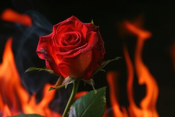 Red rose flower on fire dark background