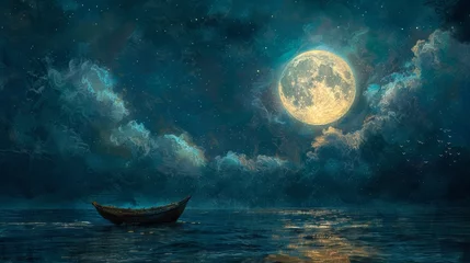 Fotobehang a traditional boat on a calm sea under a massive moon, with celestial cloud formations and a flock of birds in the distance, evoking a sense of adventure and serenity. © Riz