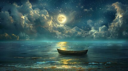 a traditional boat on a calm sea under a massive moon, with celestial cloud formations and a flock of birds in the distance, evoking a sense of adventure and serenity.