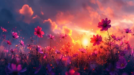 Foto op Aluminium a field of wildflowers basked in the warm glow of a setting sun, with hues of purple and red dominating the vibrant landscape. © Riz