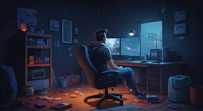 an online content creator making videos by sitting whole day on his gaming chair in a small messy room, concept, dark theme, cartoon style, Mess