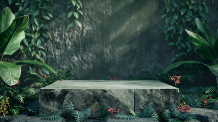 Natural stone podium in tropical forest background with green leaves, flowers in the green jungle. Empty showcase for packaging product presentation. Background for cosmetic products. Mockup pedestal.