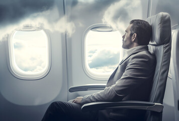 Man resting on an airplane - obrazy, fototapety, plakaty