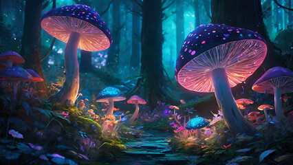 In a dazzlingly luminescent parallel world, a whimsical forest blooms with ethereal light, illuminating intricate neon flora and fauna. This digital anime painting depicts a surreal landscape 