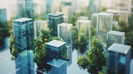 A realistic image of an architectural model of square blue and green skyscrapers. Metropolis skyline.  - obrazy, fototapety, plakaty