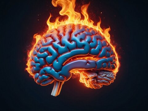 3d rendered illustration of human brain burning with flame. Overwhelming concept, burnout, mental problems, stress burden,...exploding brain illustration