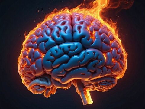 3d rendered illustration of human brain burning with flame. Overwhelming concept, burnout, mental problems, stress burden,...exploding brain illustration