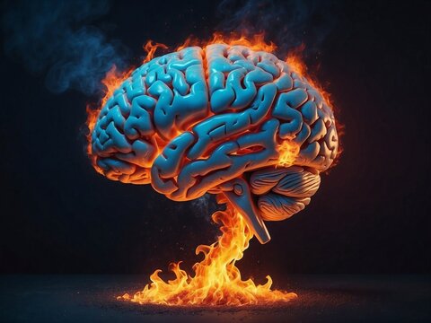 3d rendered illustration of human brain burning with flame. Overwhelming concept, burnout, mental problems, stress burden,...exploding brain illustration