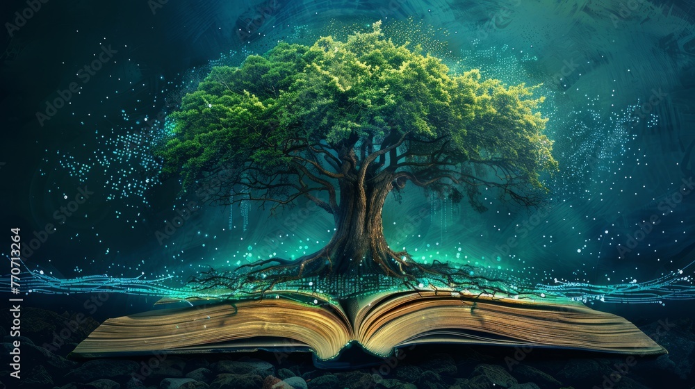 Poster wisdom tree with roots in books and branches in digital code, knowledge growth
