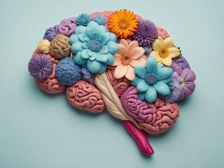 Obraz na płótnie Canvas Human brain with colorful flowers isolated on blue background. Mental health concept or Creative positive thinking idea