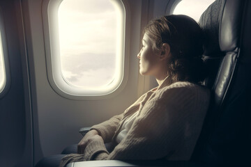 Woman looking out the airplane window - obrazy, fototapety, plakaty