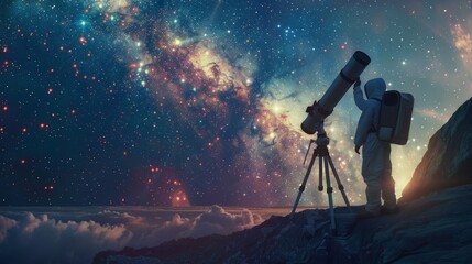 Astronomer, scientist looking at the stars with a telescope. Man studying the distant stars through a astronomical telescope against the background of the night sky. Concept of cosmic exploration.