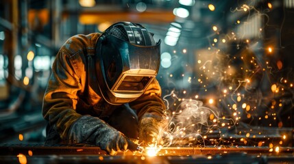 Skilled welder at work with vibrant welding arc and protective gear - obrazy, fototapety, plakaty