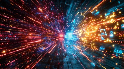 Naklejka premium Vivid explosion of binary codes and symbols from a mind, set against the night sky