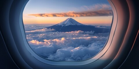 Majestic Fuji unveiled: Gazing through the airplane's elongated window, the mountain's grace shines