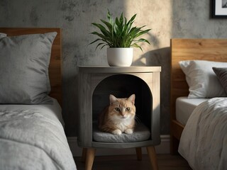 Stylish bedside table with a cat house. Funny cute cat. Indoor flowers. Bright fashionable room.