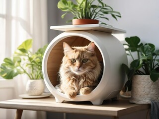 Stylish bedside table with a cat house. Funny cute cat. Indoor flowers. Bright fashionable room.