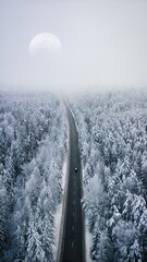 Scenic winding road stretches through a snow-covered forest, with moon in the sky - obrazy, fototapety, plakaty