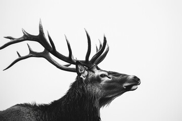 Profile of a deer head silhouette, antlers in full display, majestic, against white.