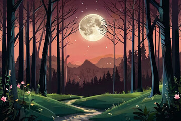 Enter a mystical realm with an abstract fairy tale forest landscape under the enchanting glow of a full moon - obrazy, fototapety, plakaty