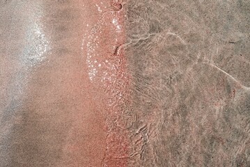 Body of water with a pale pink hue on the surface, indicating a shallow depth