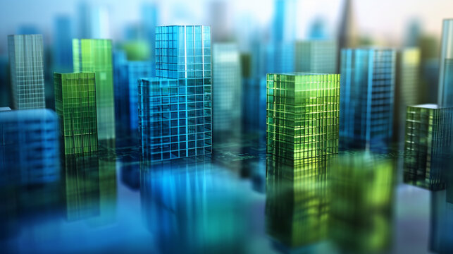 A realistic image of an architectural model of square blue and green skyscrapers. Metropolis skyline. 