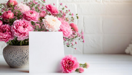 Mock up of white blank paper card and beautiful flowers. Spring bouquet. Mother's Day, Birthday