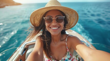 Scenic Coastal Drive: Excited Indian Woman in Open-Top Car generative ai