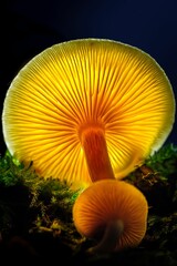 Vibrant yellow mushroom perched atop a layer of lush green moss, against a natural background