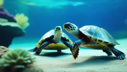 Obraz premium Two turtles are in a tank with fish. The turtles are looking at the camera. The tank is blue and has a rocky bottom