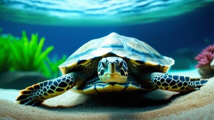 A turtle is walking on the sand near the water. The turtle is small and has a brown and black shell - Powered by Adobe