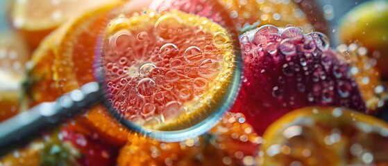 Macro view of fruit texture through magnifying glass, science of food, bright details , high...