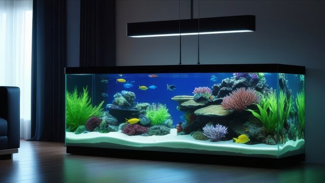 A fish tank with a variety of fish and plants in the living room.