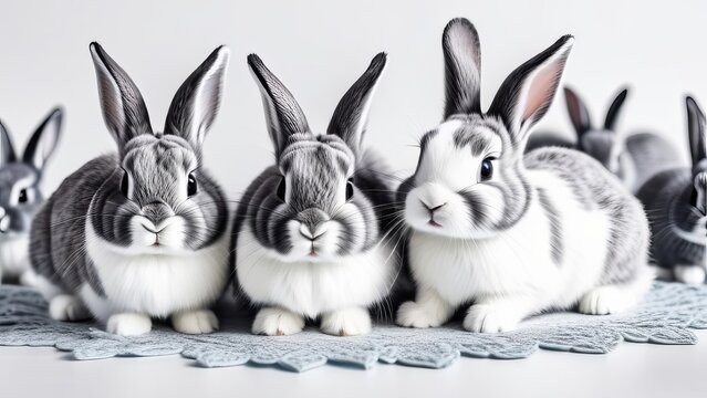 Three white and gray rabbits are standing next to each other on a blue cloth. The rabbits are all facing the camera and appear to be looking at the viewer. Concept of curiosity and playfulness