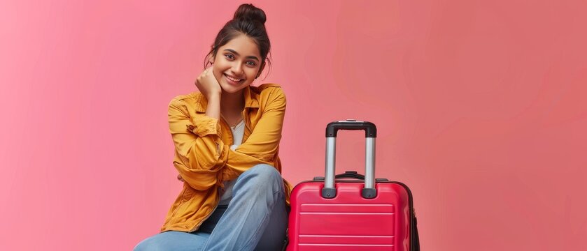 Minimalist Studio Scene: Smiling Indian Tourists with Suitcase generative ai