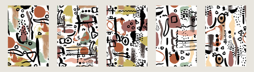 Set of abstract mid century posters with grungy liquid shapes and brush strokes. Vector illustration