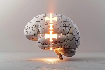 3D brain puzzle with a piece being guided by light, metaphor for guidance in psychotherapy, isolated