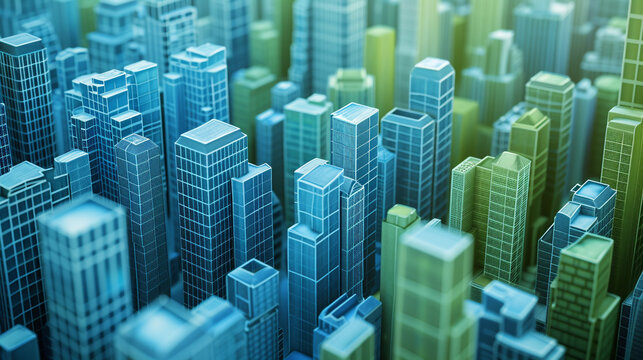 A realistic image of an architectural model of square blue and green skyscrapers. Metropolis skyline. 