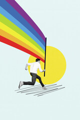 Creative 3d photo artwork graphics collage painting of excited guy running holding lgbt flag...