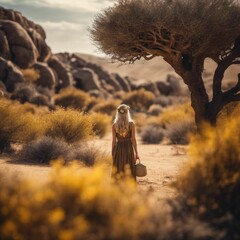 a woman walking in the desert with a backpack and a guitar - obrazy, fototapety, plakaty