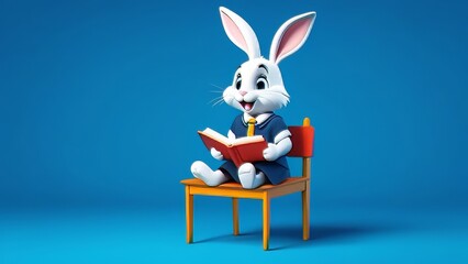 A rabbit is sitting in a chair reading a book. The rabbit is wearing a suit and tie, giving the impression that he is a professional or a businessman. Concept of sophistication and intelligence