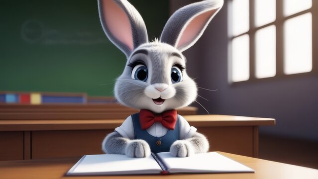A rabbit is sitting at a desk with a book open in front of it. The rabbit is wearing a bow tie and he is a student. The scene is set in a classroom, with a few other chairs
