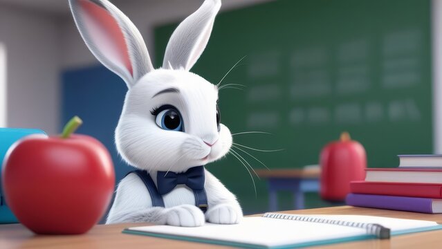A rabbit is sitting at a desk with a book open in front of it. The rabbit is wearing a bow tie and he is a student. The scene is set in a classroom, with a few other chairs