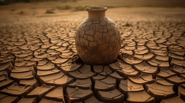 AI generated illustration of a cracked vase on a cracked and parched landscape