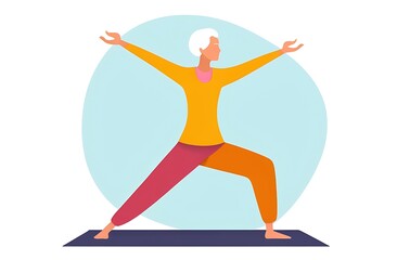 Illustration of woman practicing yoga on yoga mat, warrior yoga pose