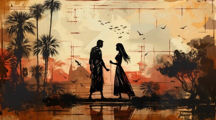 a man and woman are walking across the water in silhouette - obrazy, fototapety, plakaty