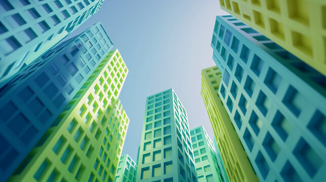 A realistic image of an architectural model of square blue and green skyscrapers. Metropolis skyline. 