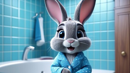 A cartoon rabbit is wearing a blue pajama set and standing in front of a bathroom sink