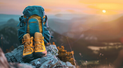 Hiking shoes and backpack on a background of mountains. - obrazy, fototapety, plakaty